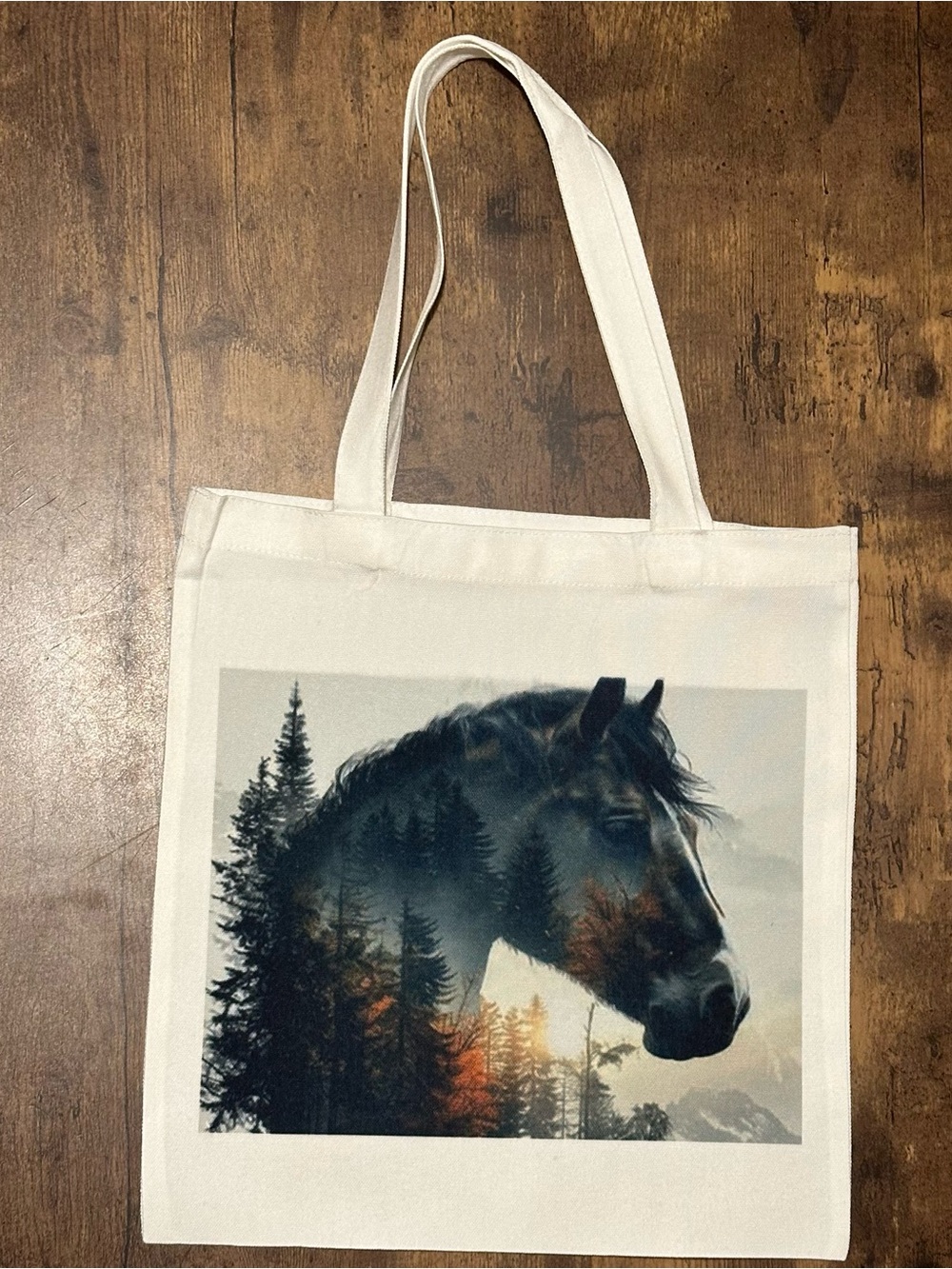 Horse Forest Double-Exposure Heavy Duty Canvas Tote - Cream New Without Tags